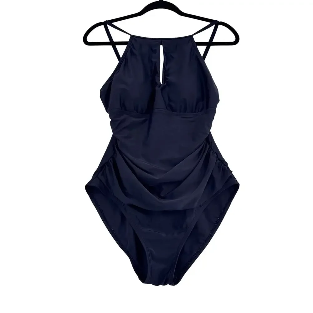Ellen Tracy Black One Piece Swimsuit Halter Ruched Tummy Control Size 10 resort - Picture 1 of 6
